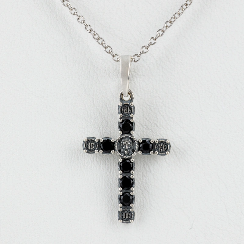 Подвеска "Крест" из чернёного серебра с чёрной синтетической шпинелью