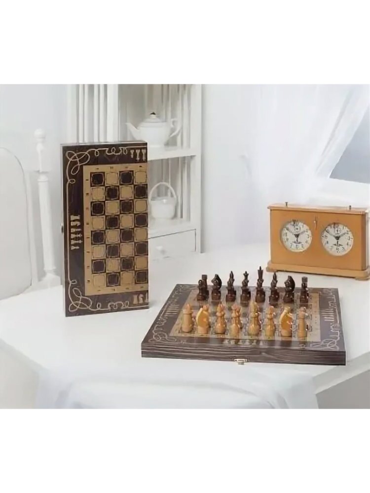 Шахматы гроссмейстерские деревянные с черной доской, рисунок серебро